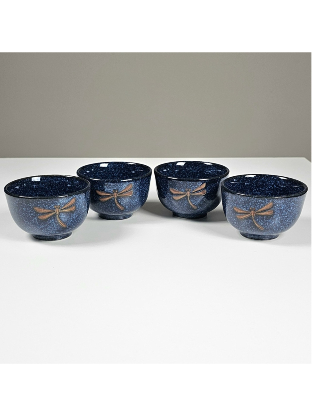 Set of 4 Japanese Ceramic Rice Bowls Blue Dragonfly Tombo Mino Ware 4.5"